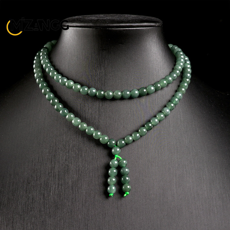 Ethnic Fashion For Ladies - สร้อยคอหยกธรรมชาติสไตล์พม่าเกรด A 6มม. สีเขียวน้ำมันน้ำแข็งสร้อยข้อมือหยกสามวงเครื่องประดับแฟชั่นสร้อยคล้องคอสำหรับสุภาพสตรี