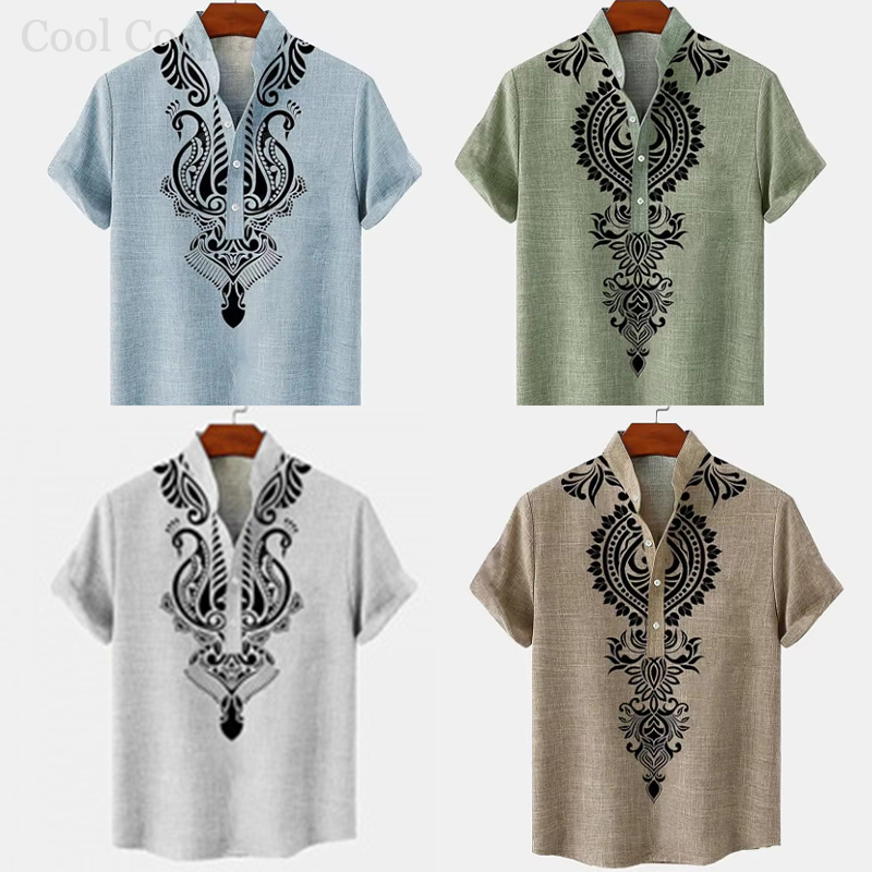 Ethnic Fashion Style - เสื้อเชิ้ตเฮนลีย์สไตล์เรโทรสำหรับผู้ชาย ลายพิมพ์ 3 มิติ สไตล์ชาติพันธุ์ แฟชั่น