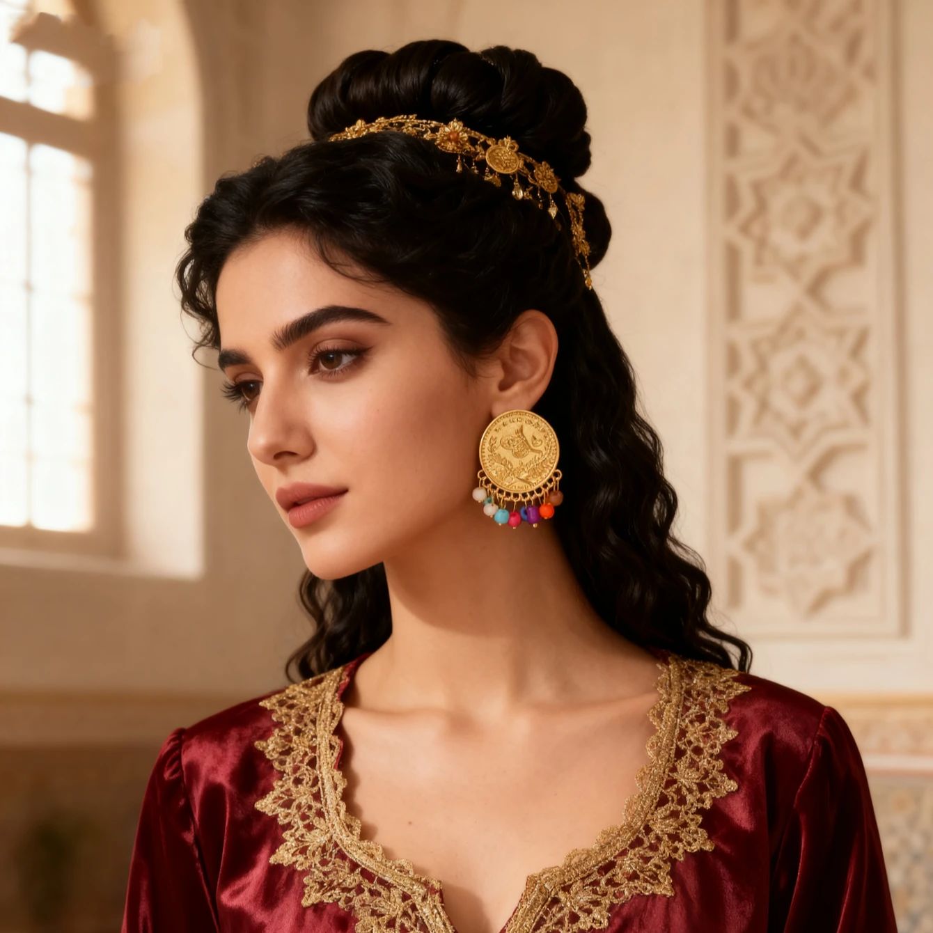 Ethnic Fashion Co In - ต่างหูเหรียญตุรกี ชุบทอง สไตล์เคอร์ด สำหรับเจ้าสาว ตะวันออกกลาง ต่างหูผู้หญิง