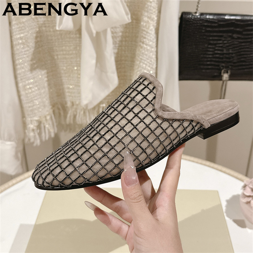 Ethnic Fashion - รองเท้าสลิปเปอร์แบบสวมหัวมน ผ้าลูกไม้เนื้อเงา ประดับวิบวับ ส้นเตี้ย สำหรับผู้หญิง รองเท้าโลฟเฟอร์ลำลองแฟชั่นฤดูร้อน