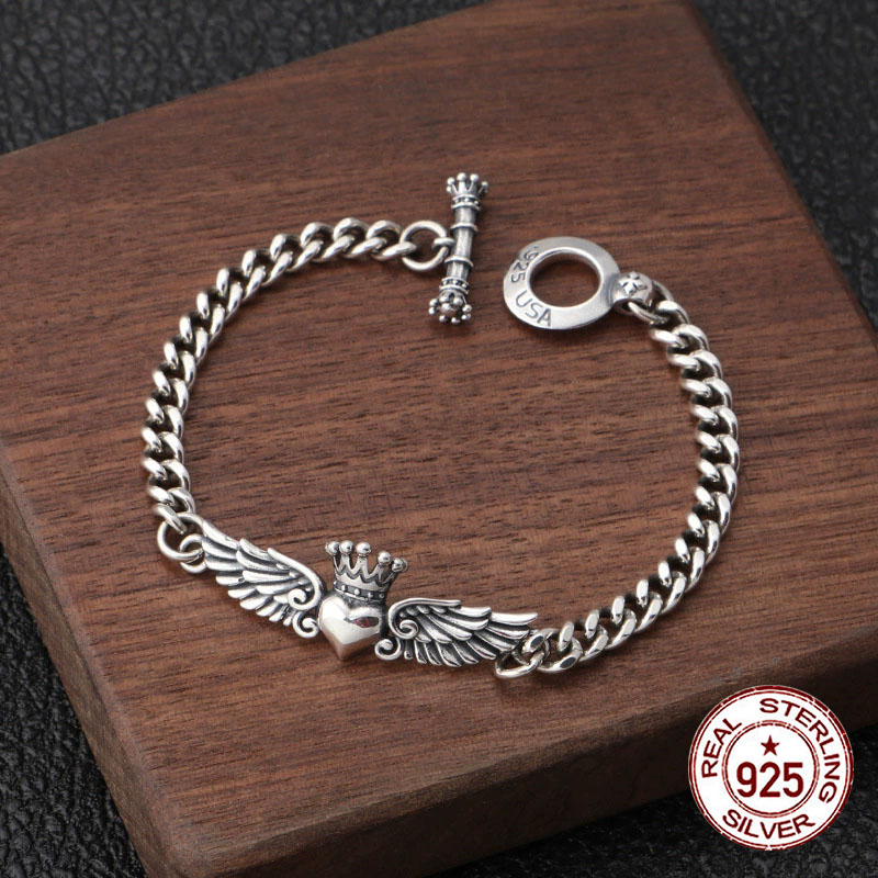 Ethnic Fashion Trend - สร้อยข้อมือเงินแท้ S925 มงกุฎปีกส่วนบุคคล จดหมายรัก เทรนด์มันวาวที่เรียบง่าย ทันสมัยและสดใหม่