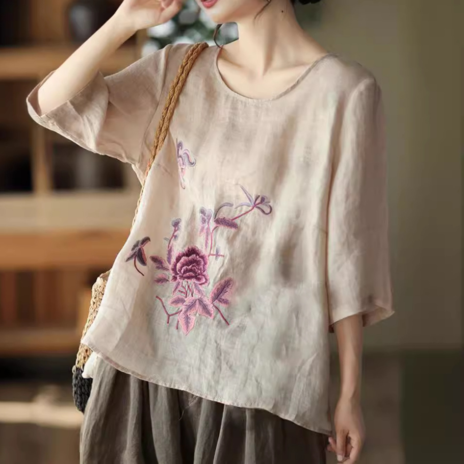 Ethnic Fashion For Ladies - เสื้อเบลาส์ผู้หญิงไซส์ใหญ่สไตล์เรโทรสำหรับฤดูร้อน ผ้าฝ้ายลินินบางเบา เหมาะสำหรับสาวออฟฟิศ แฟชั่นใหม่มาแรง ใส่สบาย