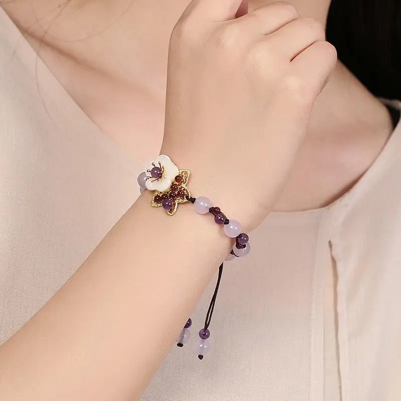 Ethnic Fashion Style - สร้อยข้อมือคริสตัลสไตล์โมริ สาวโมริ สีม่วง สไตล์ชาติพันธุ์ งานโบราณ ทำมือ