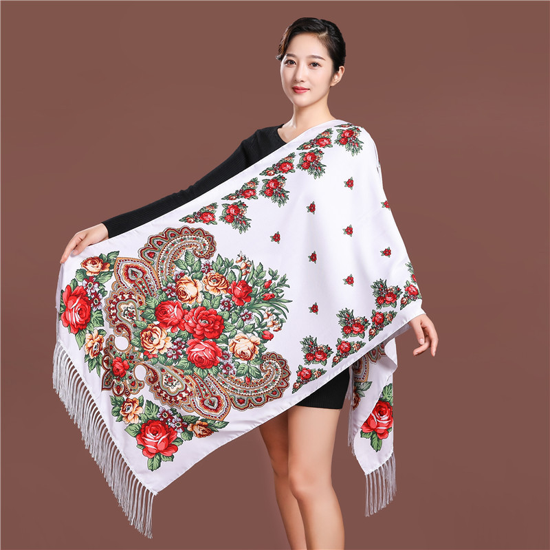 Ethnic Fashion For Ladies - สไตล์รัสเซียหรูหราดอกไม้พิมพ์ผ้าพันคอผู้หญิงชาติพันธุ์ Fringed Shawl Babushka Hijab Head