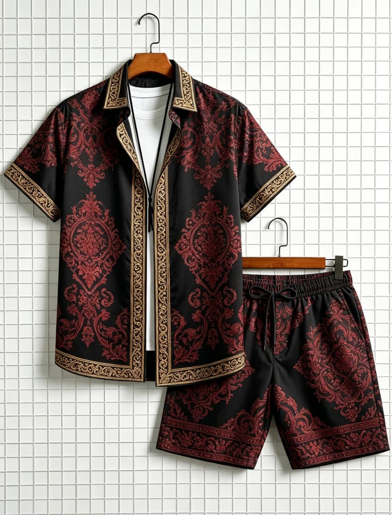 Ethnic Fashion - ชุดเสื้อเชิ้ตแขนสั้นและกางเกงขาสั้นพิมพ์ลายแนวชาติพันธุ์สำหรับผู้ชาย สไตล์สดใสและสง่างาม เหมาะสำหรับการพักผ่อนประจำวันและการเดินทางกลางแจ้ง