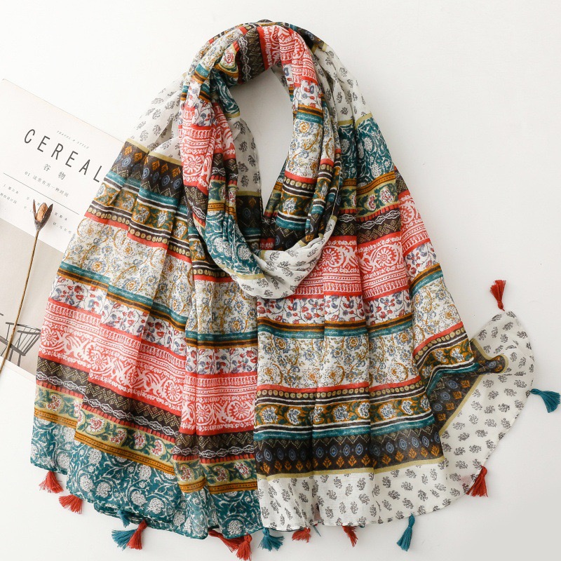 Ethnic Fashion For Ladies - แฟชั่นโบฮีเมียนชาติพันธุ์ดอกไม้เหนียวผ้าคลุมไหล่เลดี้บางผ้าพันคอแฟชั่นพู่ Pashmina คุณภาพสูง Foulard Hijab Sjaal
