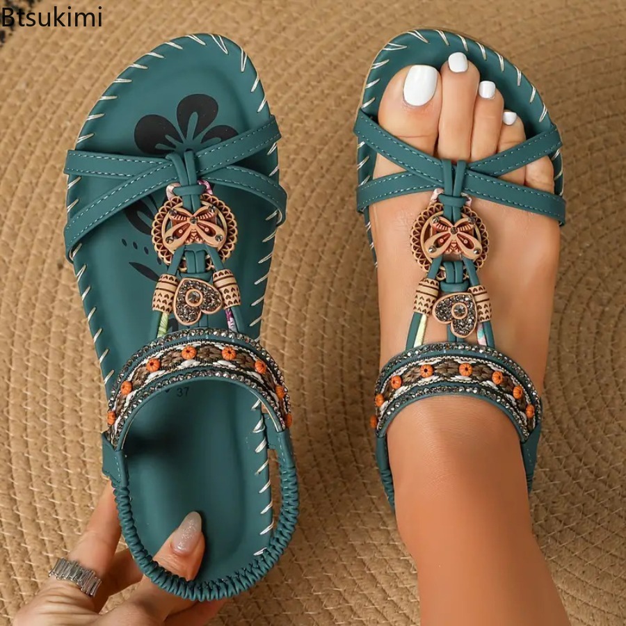 Ethnic Fashion - รองเท้าแตะสไตล์โบฮีเมียนสำหรับผู้หญิง รองเท้าลำลองแบบสวมใส่ได้ทั้งชายหาดและกลางแจ้ง รองเท้าพื้นเรียบสไตล์ชาติพันธุ์สำหรับสุภาพสตรี รองเท้าพื้นนุ่มใส่สบาย รองเท้าแตะผู้หญิง