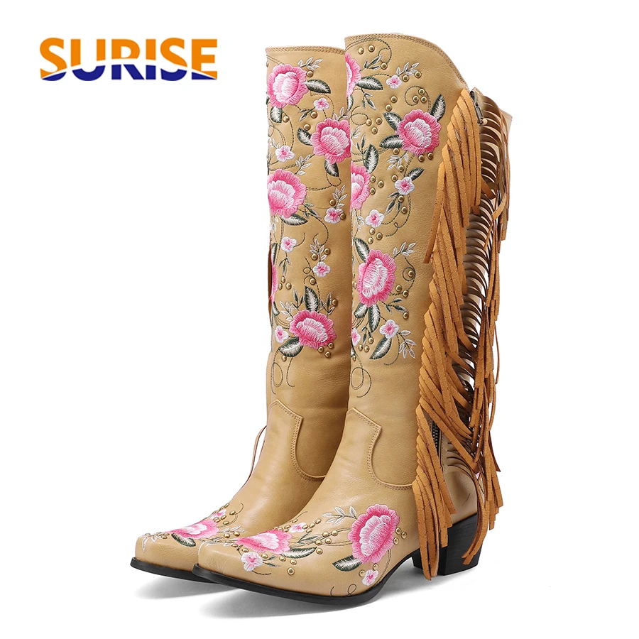 Ethnic Fashion - แฟชั่นเย็บปักถักร้อยดอกไม้ Western เข่ารองเท้าบูทสูงผู้หญิง Pointed Toe ส้นสีดําสีน้ําตาลพู่